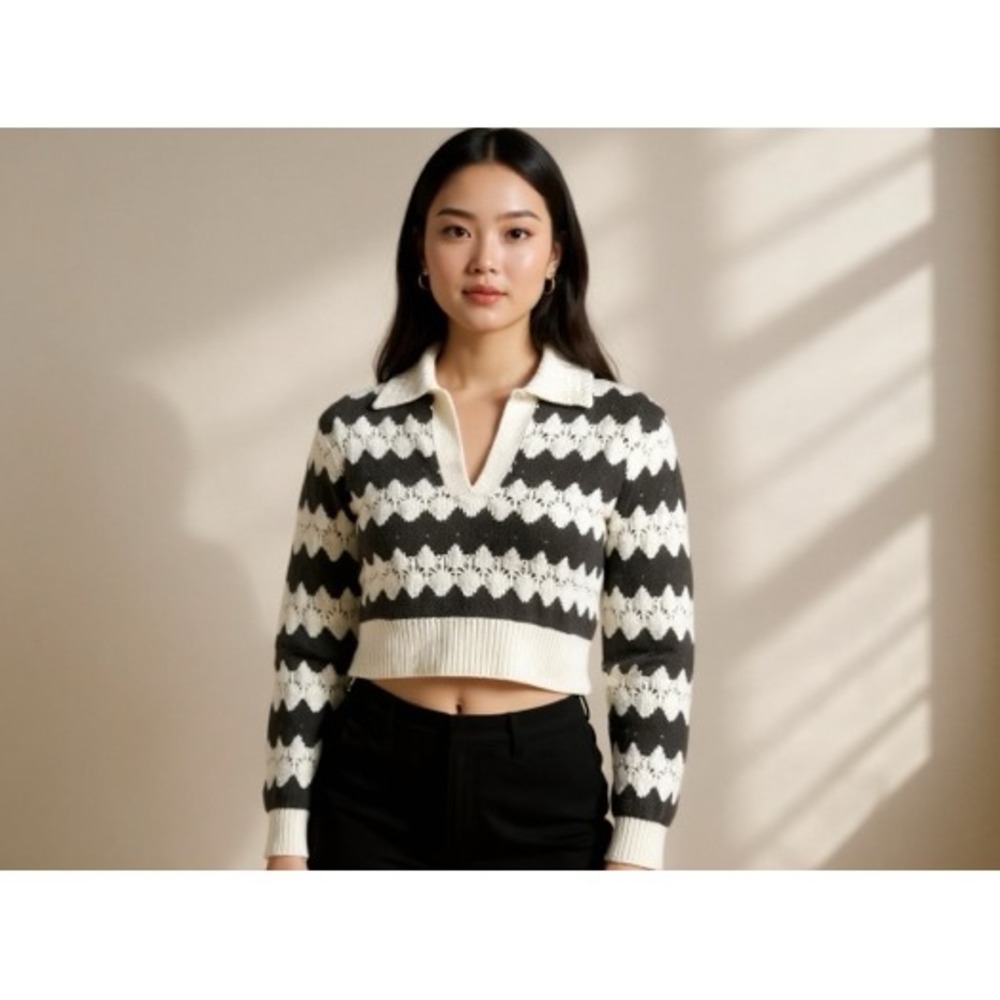 Zara Girls‎ Geometric Pattern Collared Crop Sweater Size 11-12 Years Black White